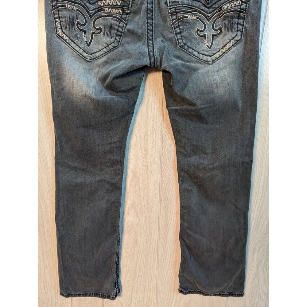 Rock Revival Jeans Mens 33 Gray Denim Finn Slim Boot Distressed READ 34x29